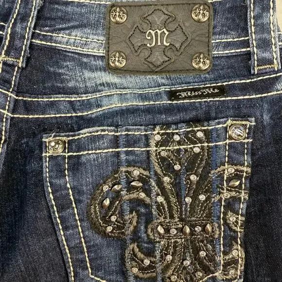Miss Me Jeans Women's 28x31 (6) Dark Blue Skinny Fleur de Lis Blingy Western - Picture 4 of 14